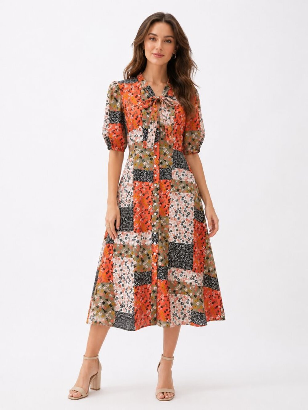 I.MADELINE Patchwork Floral Tie Neck Midi Dress Small